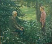 Хранитель леса С.Ф. Харитонов с внуком. 1986. Х.,темпера. 60х70