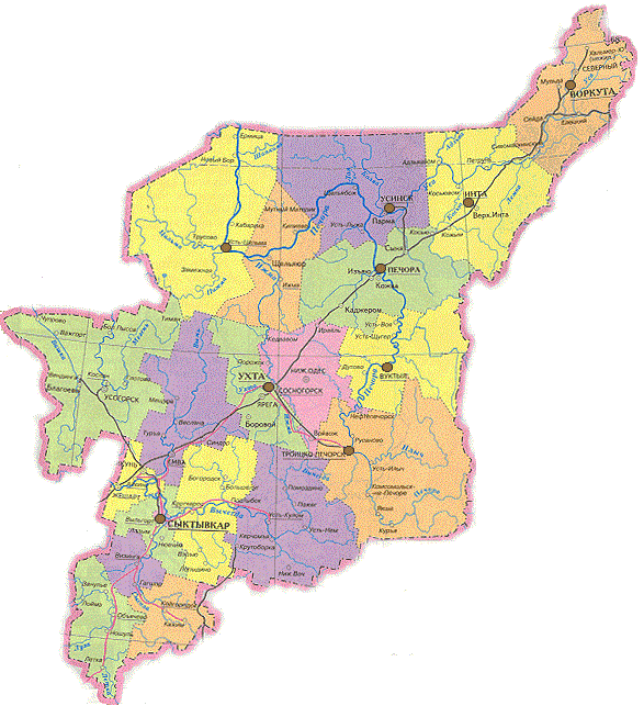 Карта республики коми с городами и районами